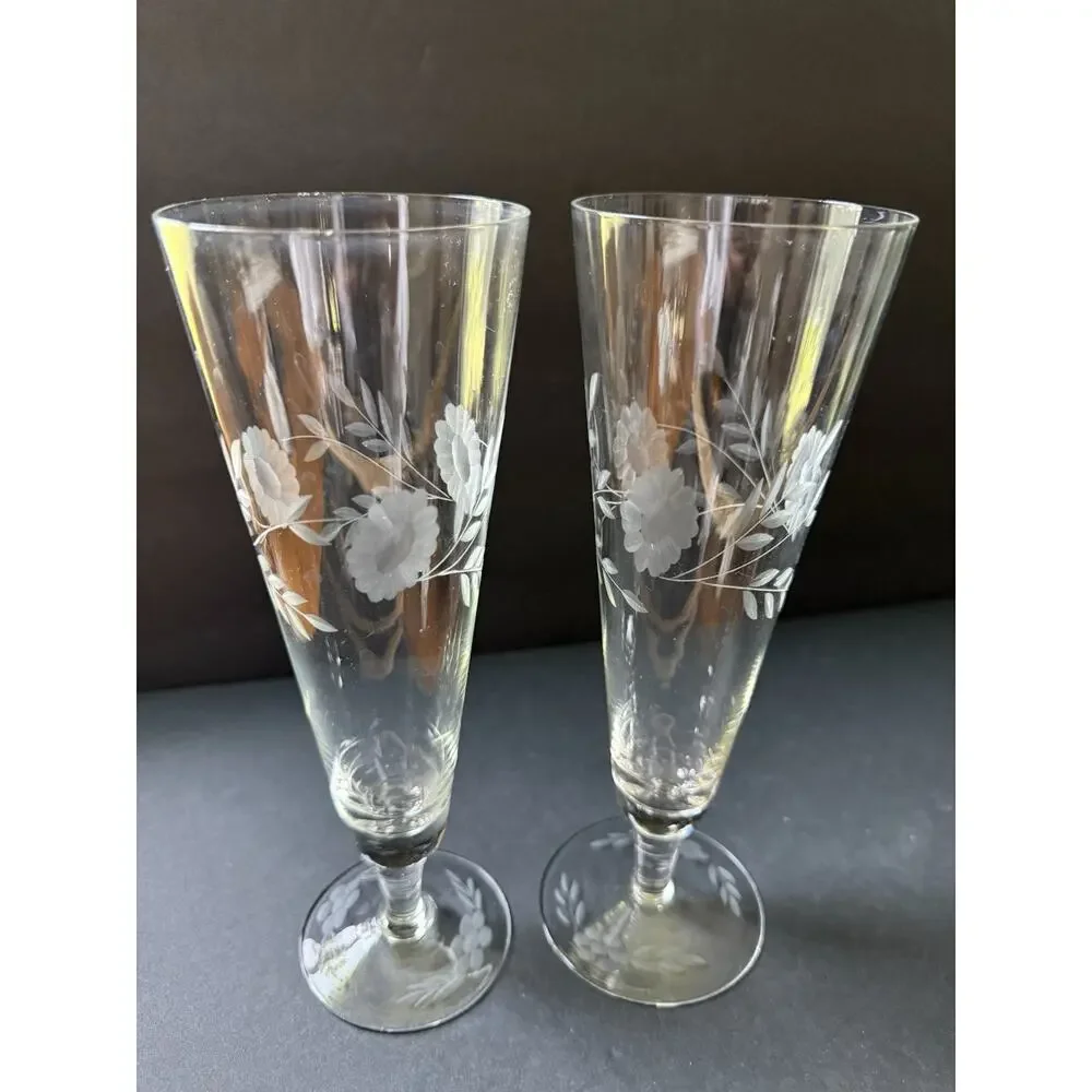 Vintage Etched Crystal Pilsner Glasses Champagne Barware Set (2) Flower Design